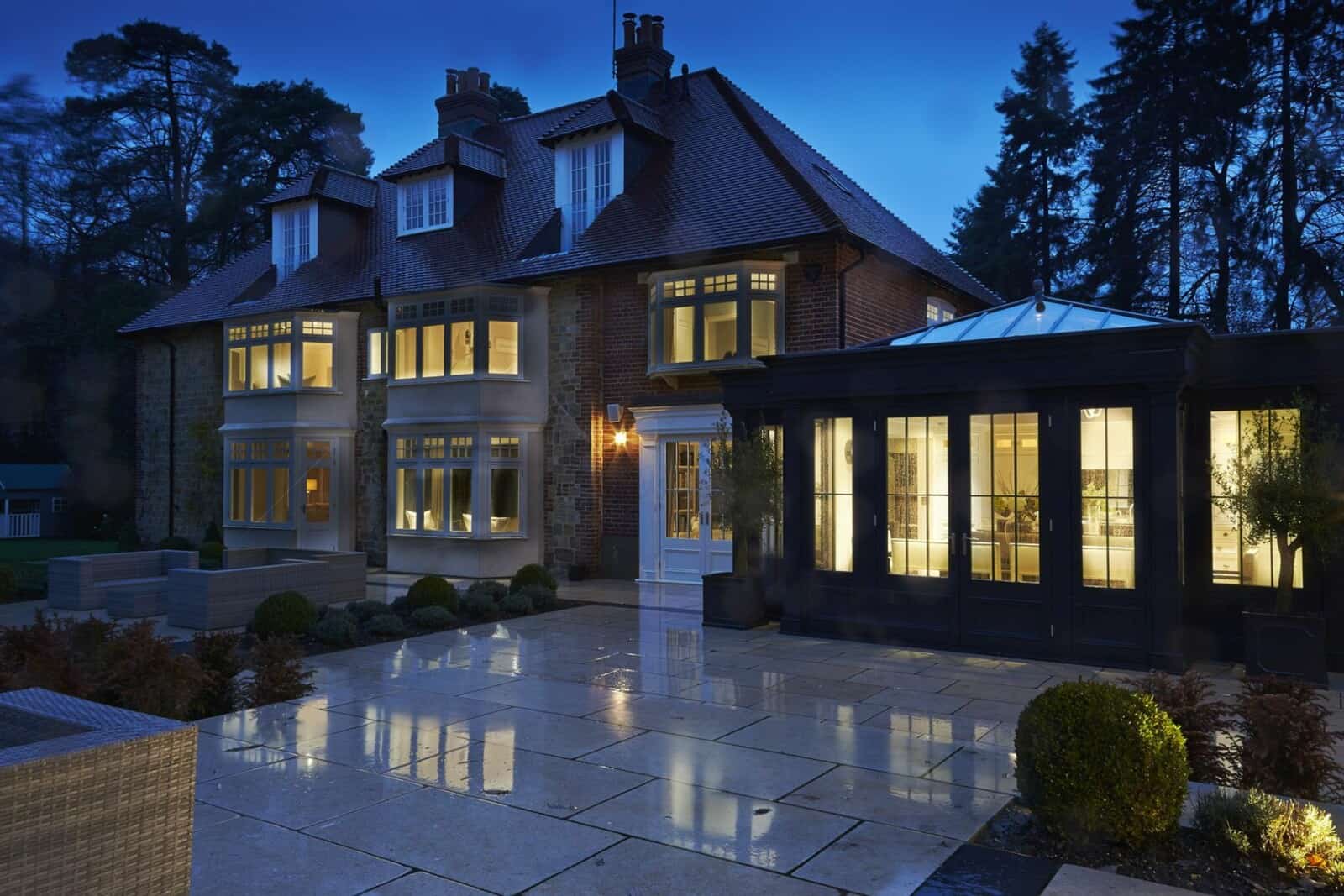 orangery kitchen extension evening time