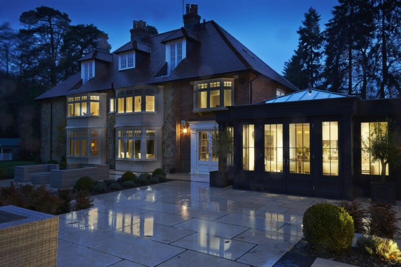 orangery kitchen extension evening time