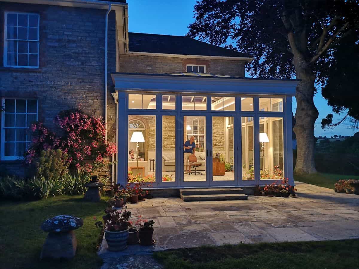 garden room evening lights