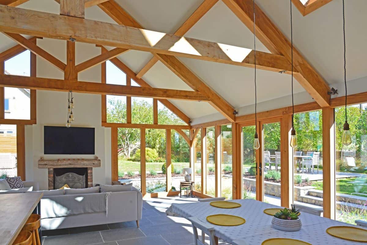 oak garden room with fireplace