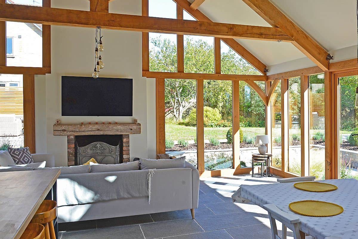 oak garden room with fireplace