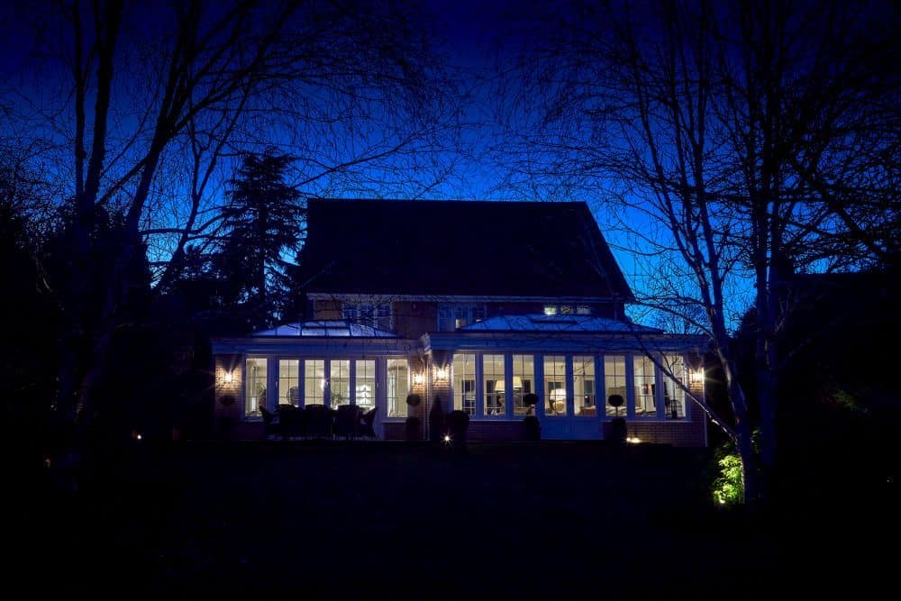 orangery kitchen extension evening lights